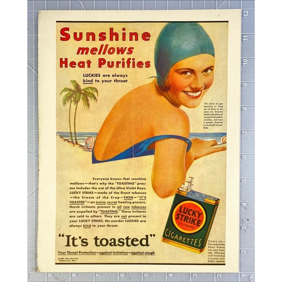 Lucky Strike Cigarettes *Sunshine Mellows, Heat Purifies-Beach Vtg Print Ad 1931 - Picture 2 of 3